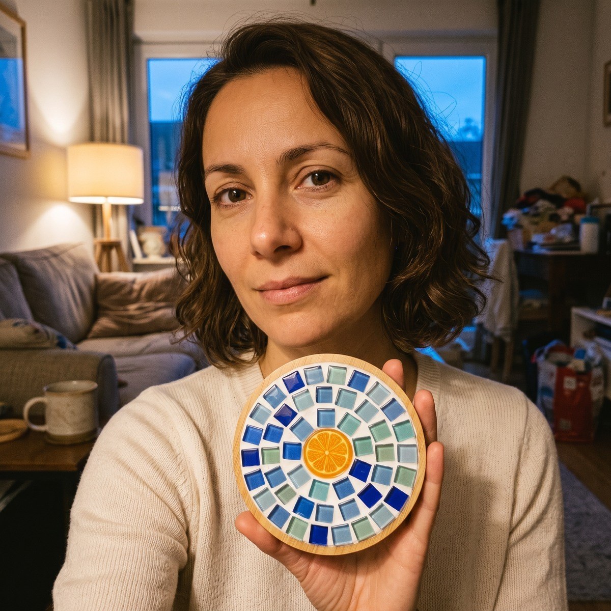 Adult maker Alex M. with a finished mosaic coaster at a living-room craft table