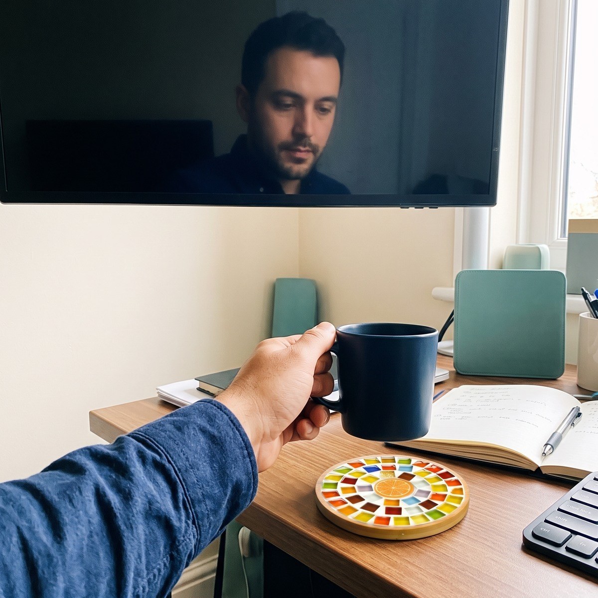 Adult maker Jamie R. with a mosaic coaster and coffee at a home desk