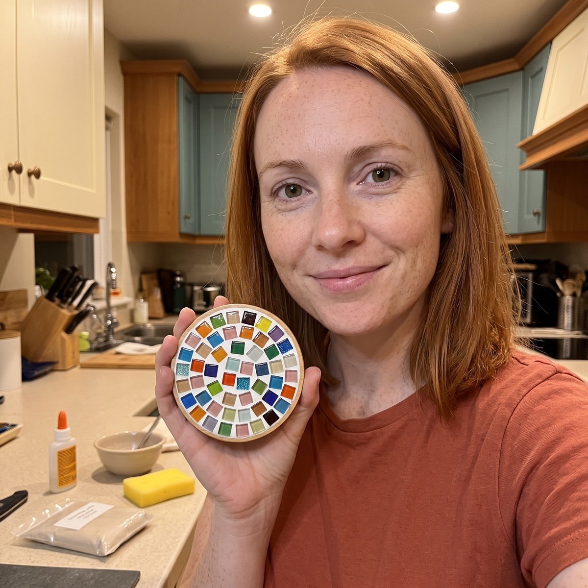 Adult maker Sam T. beside a finished mosaic coaster after a craft session