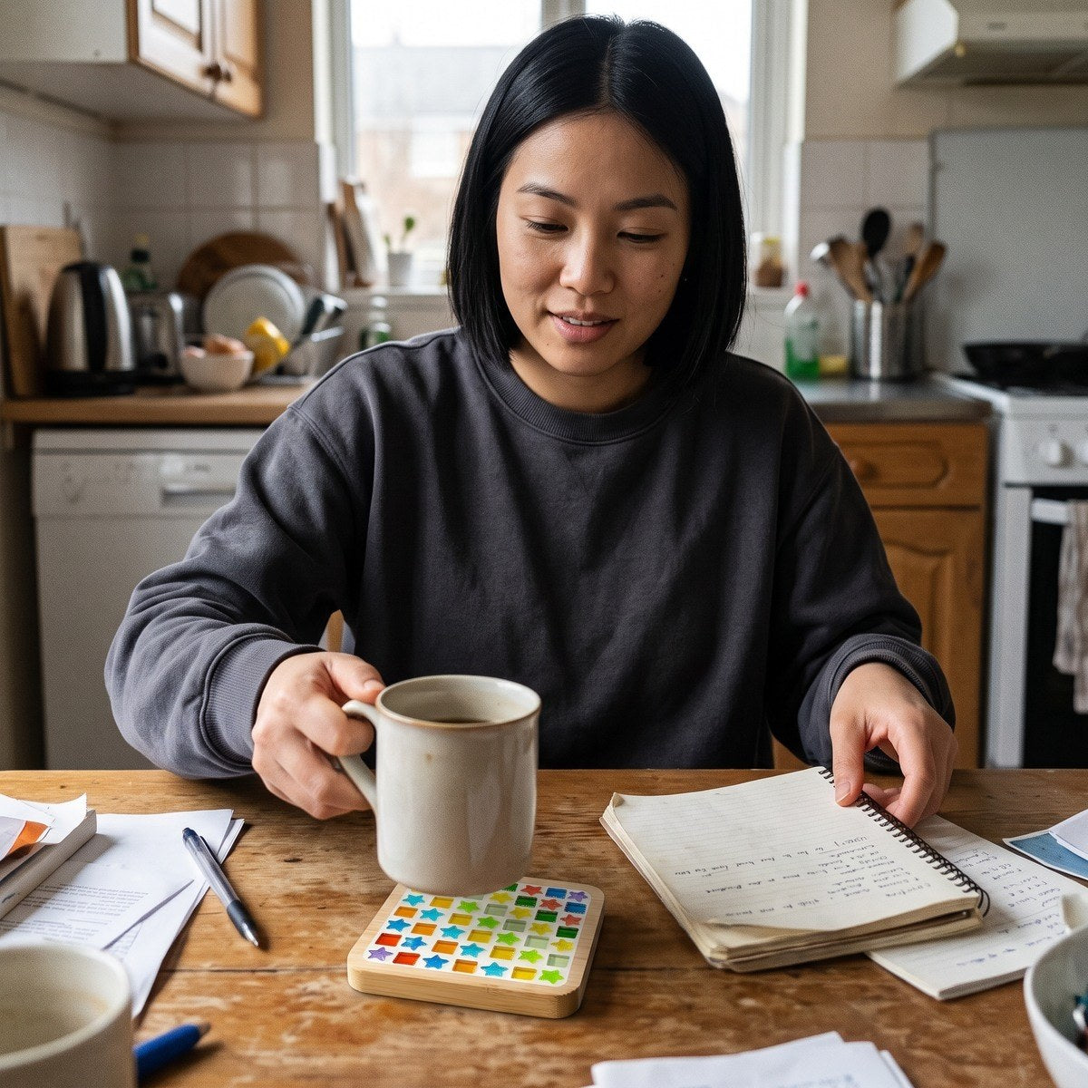 Adult maker Riley C. with a handmade coaster at a kitchen table